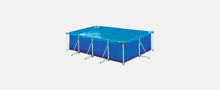 Imagem de piscina desmontável retangular na cor azul. 